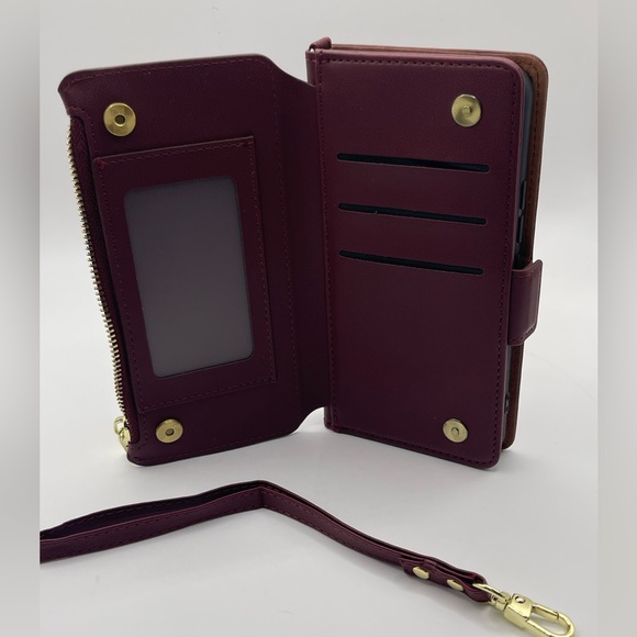 NIB Phone Case Samsung Galaxy S22+ Zipper Wallet Cover Leather Wine Red Color - Picture 4 of 8